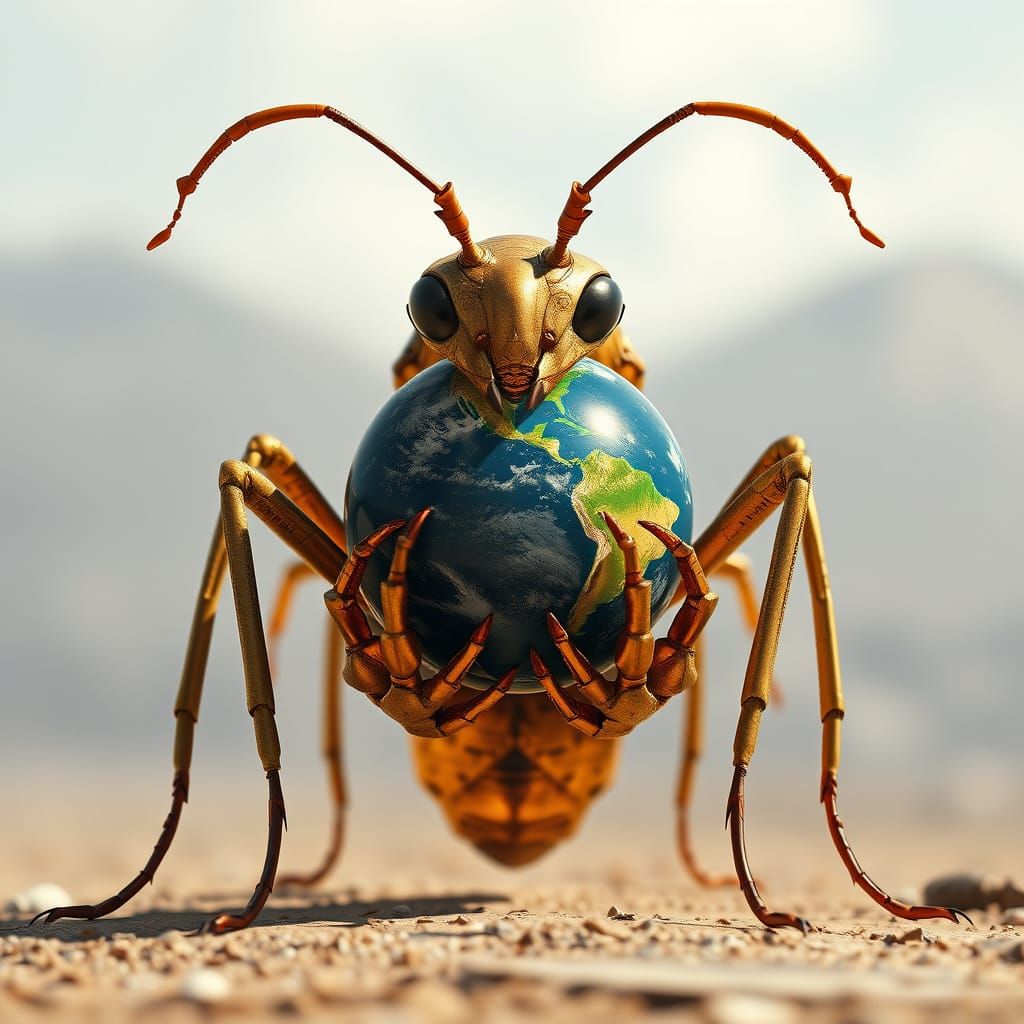 Monumental Ant Holding Earth: Futuristic Realism