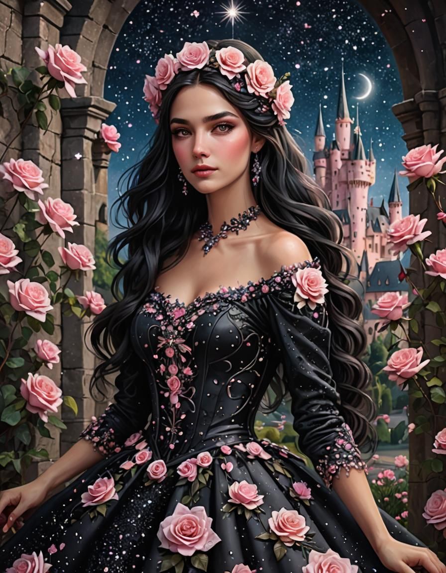 Enchanting Elf with Roses and Starry Sky