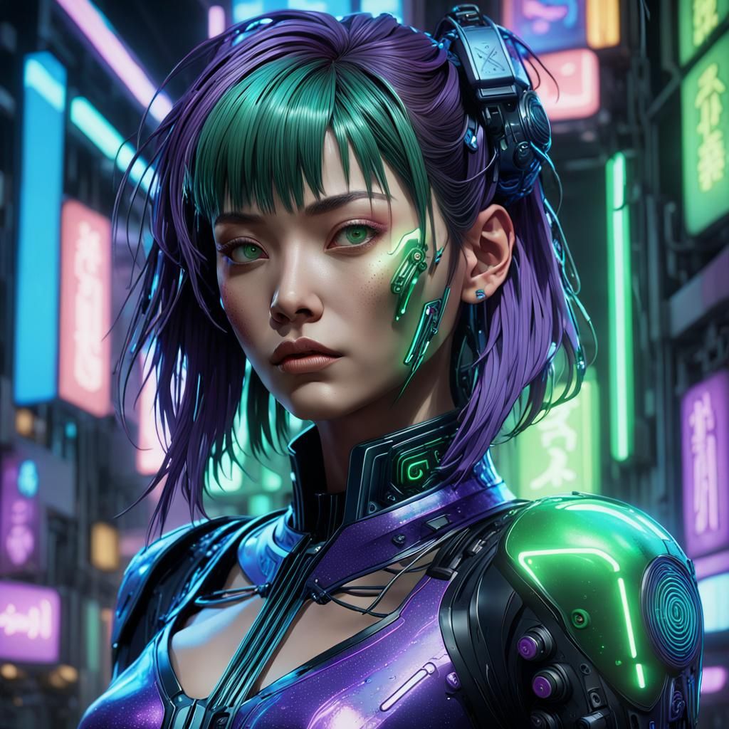 Cyberpunk Japanese Woman with Neon Lights and Code