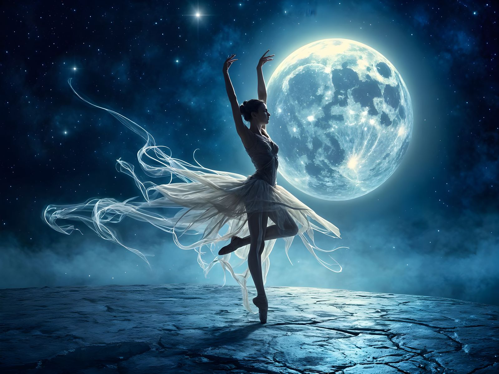 Ballerina Pirouette on Glowing Moon in Starry Vortex