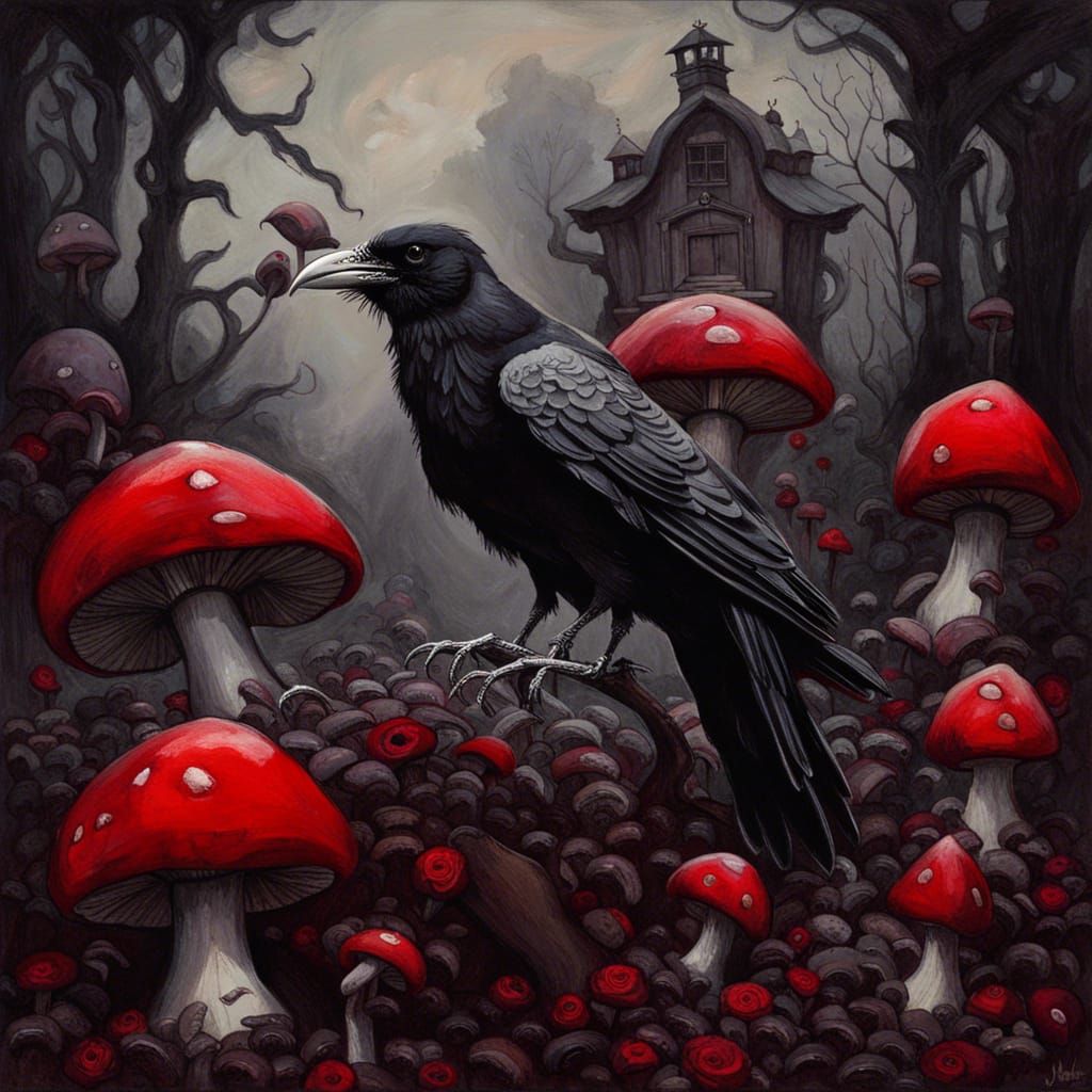 Gothic Raven in Eerie Victorian Rose Garden