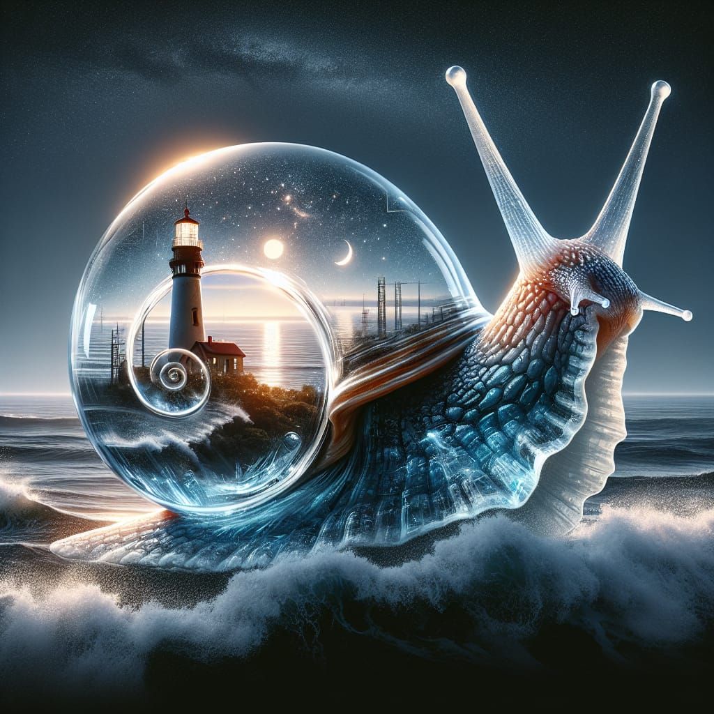 Glass Snail Double Exposure of Ocean and Stars