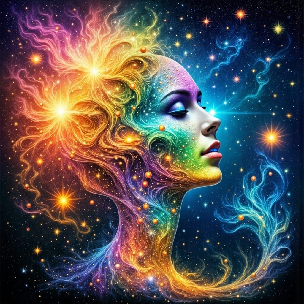 Celestial Goddess in Vibrant Rainbow Harmony