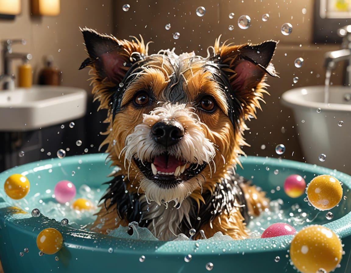 Happy Terrier in a Bubble Bath: Digital Art