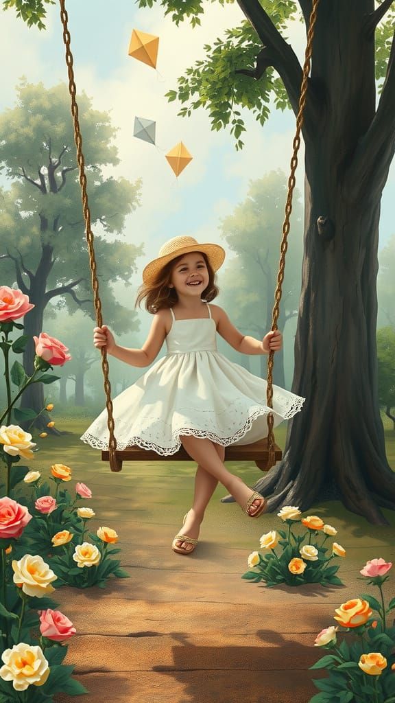 Girl on Swing Set in Whimsical Impressionist Style