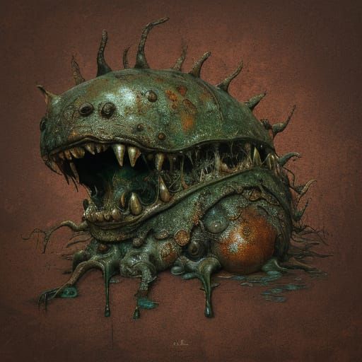 Distorted Surrealist Horror with Metallic Skin and Rusty Tex...