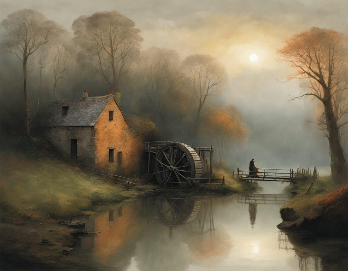 Atmospheric Watermill Scene in Soft Oranges and Muted Greens