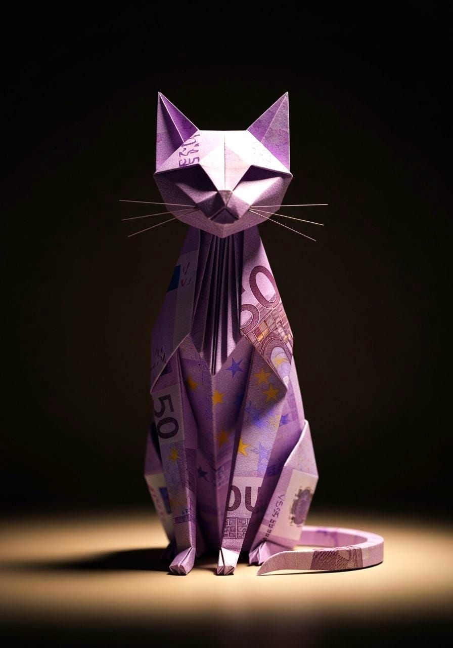 Origami Cat Made From Purple 500 Euro Bill on Dark Backgroun...