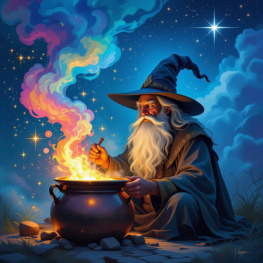 Wizard Creates Magic Potion Under Starry Sky