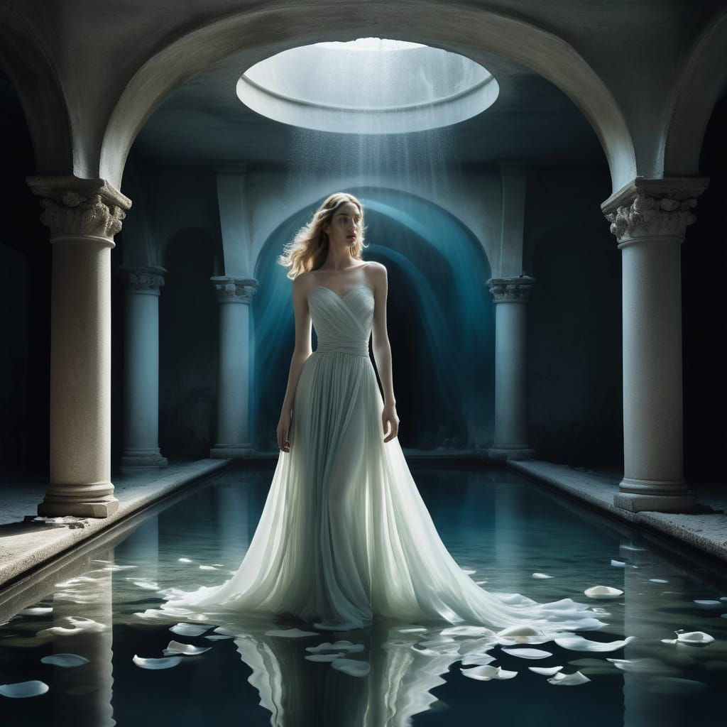 Ethereal underwater sculpture. Medium shot. A serene woman g...