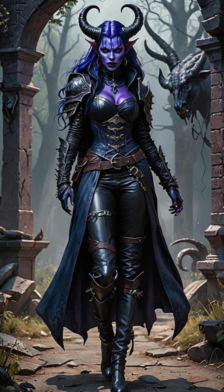 Tiefling Warlock in Leather Armor, Fantasy Art