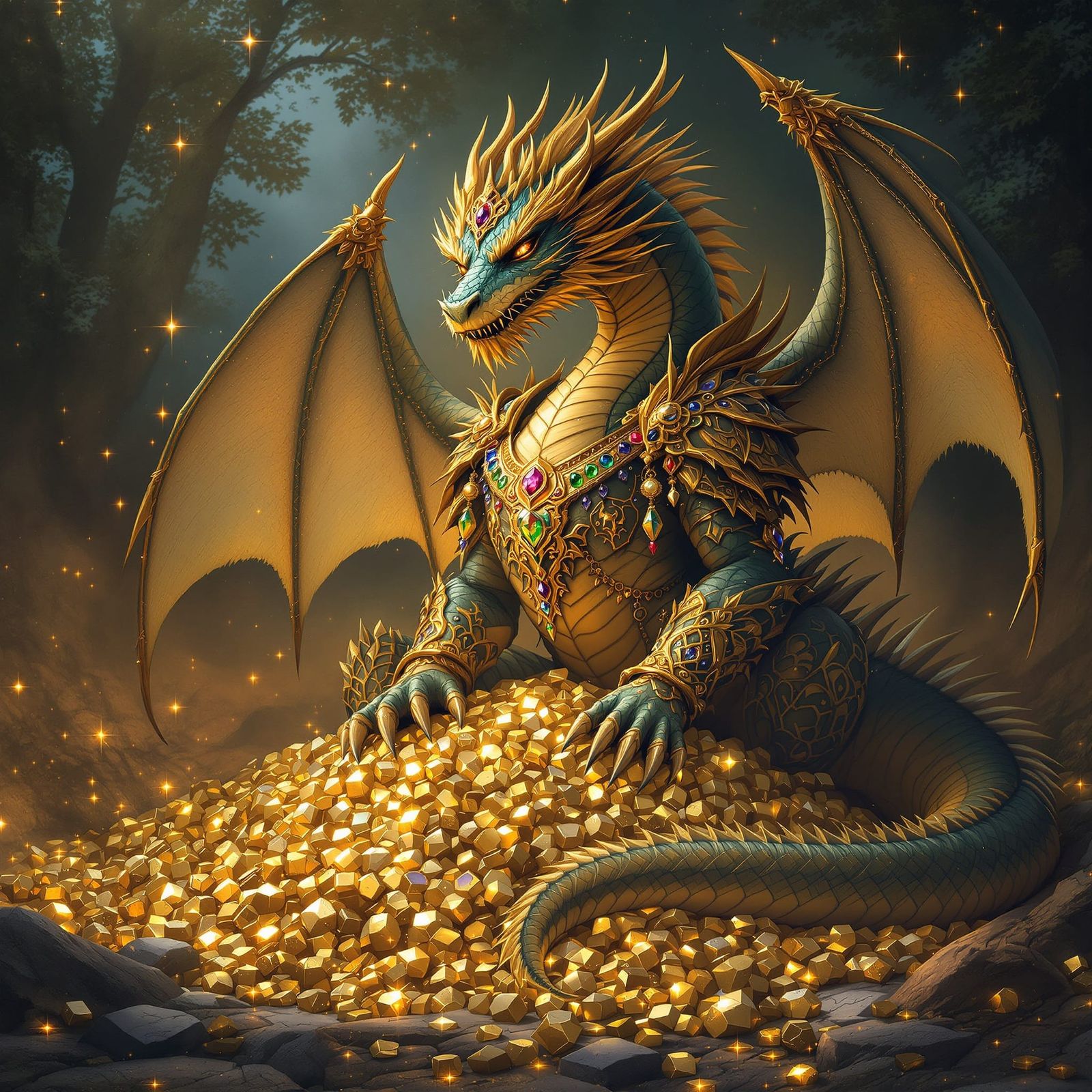 Armored Dragon on Treasure Hoard, Fantasy Art