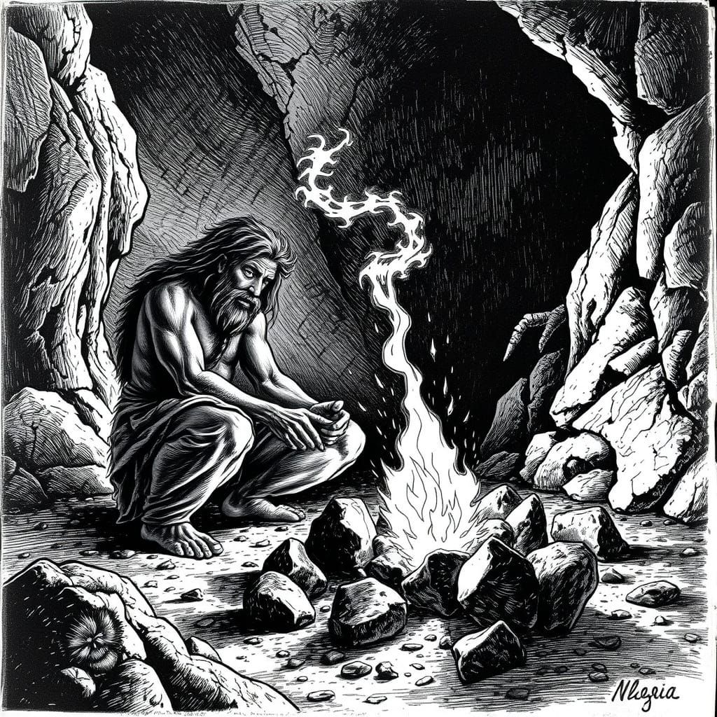Prehistoric Caveman Discovers Fire in Gritty Scratchboard Ar...