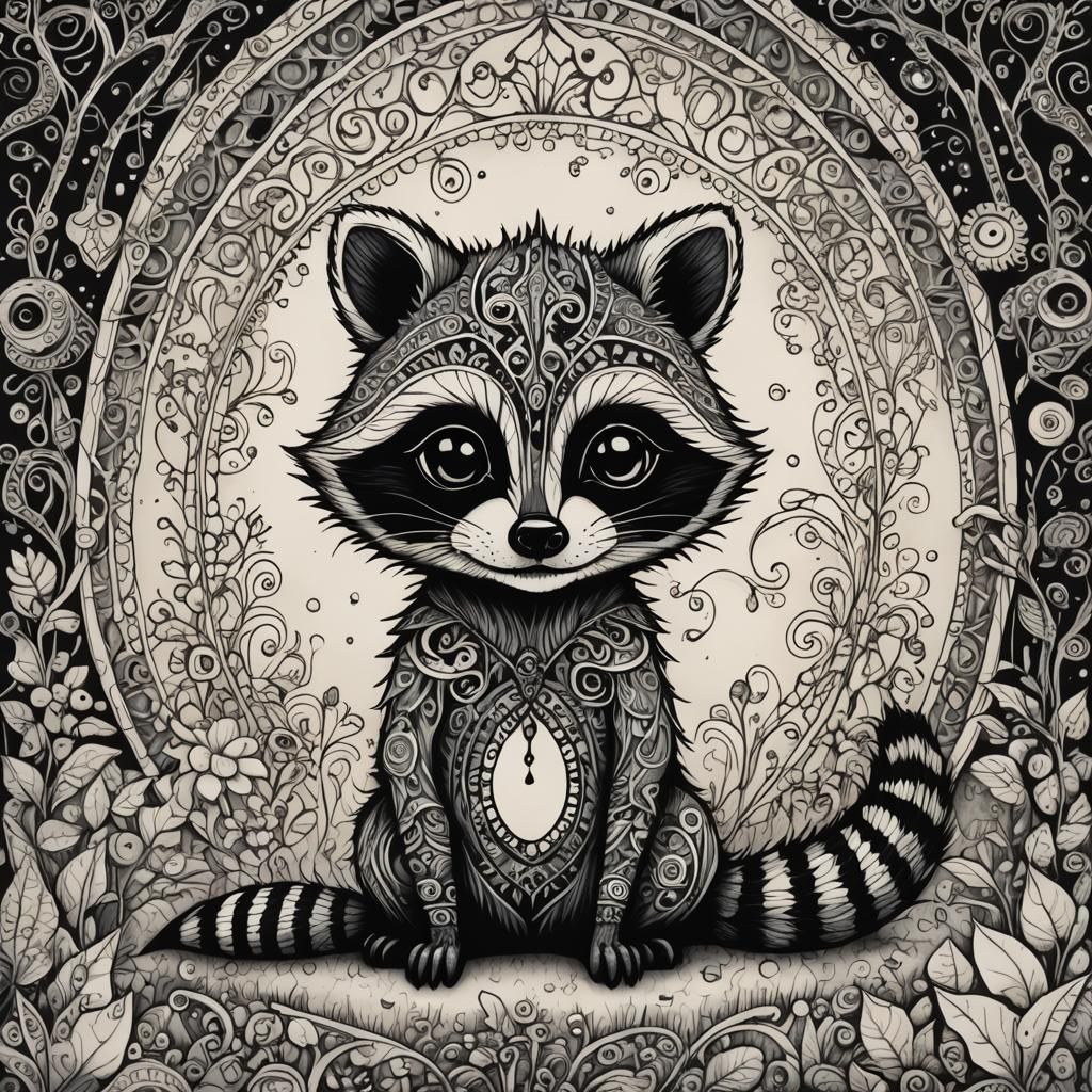 Gothic Raccoon in Dark Fantasy Zentangle Style