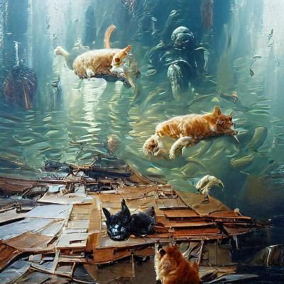 Underwater Cat Apocalypse in Oil Painting Style