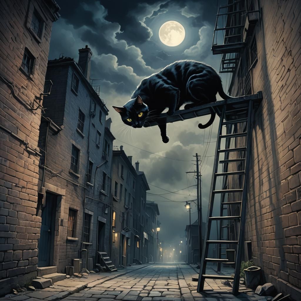 Black Cat Under Ladder: Surrealist Dreamscape