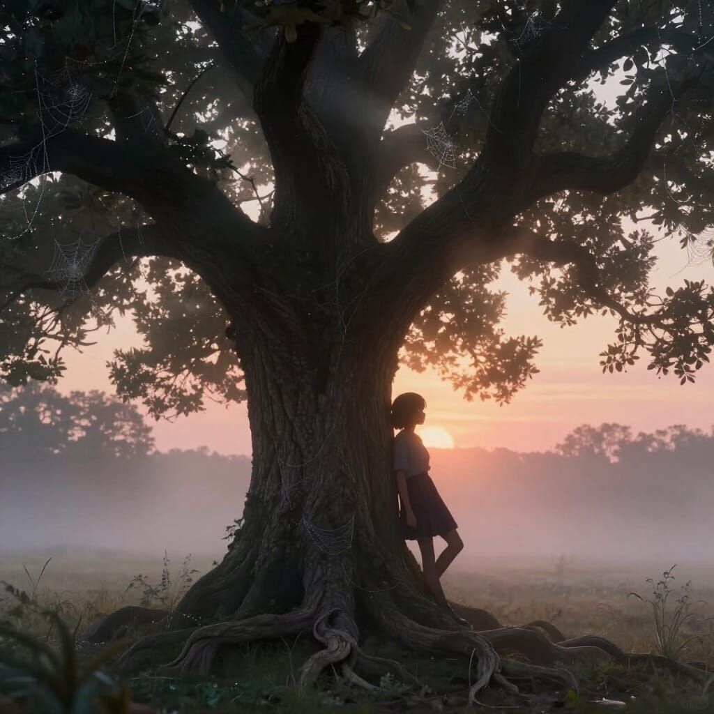 Anime Girl Silhouetted Against Dawn Sky by Ancient Oak