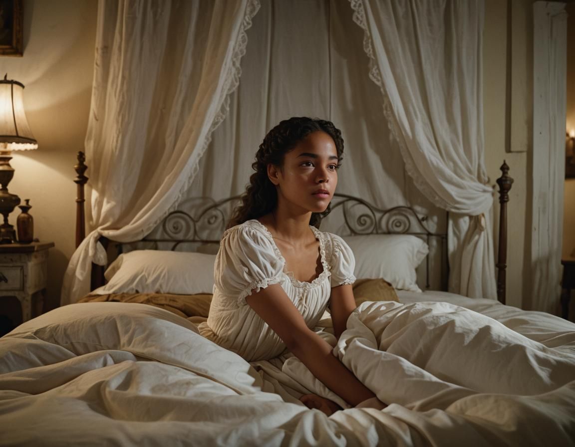 Girl in 18th Century Bedding in Colonial House