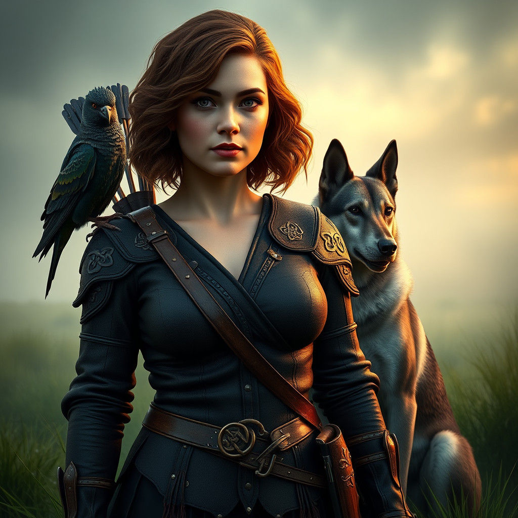Celtic Huntress on Emerald Moor in Matte Painting Style