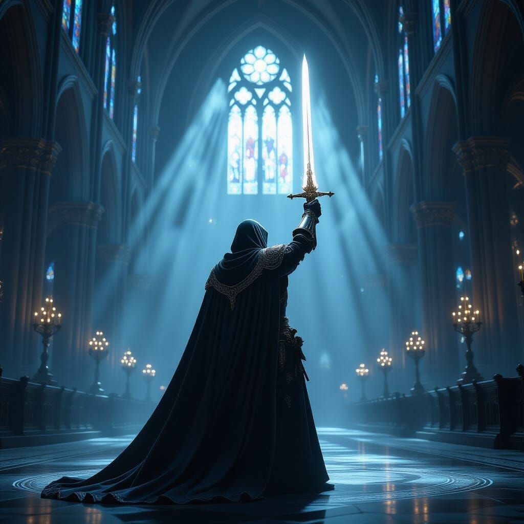 Weary Paladin With Glowing Sword in Gothic Cathedral