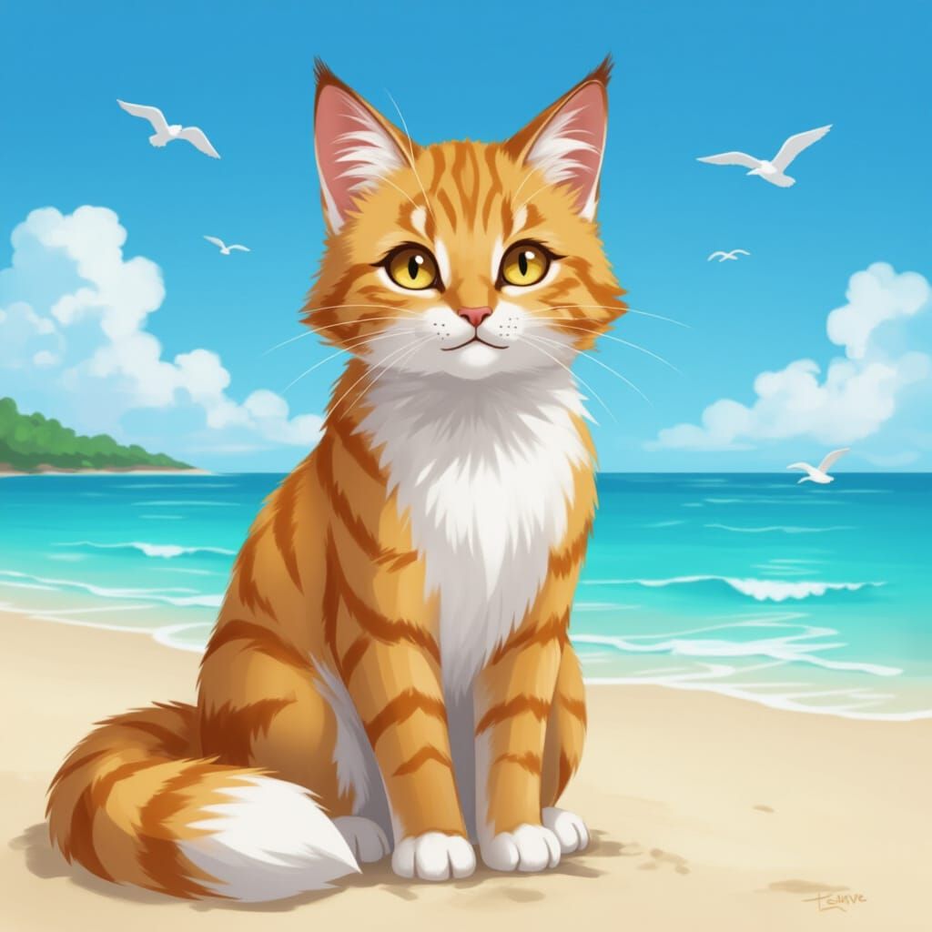 Tawny Warrior Cat with Amber Eyes on Beach