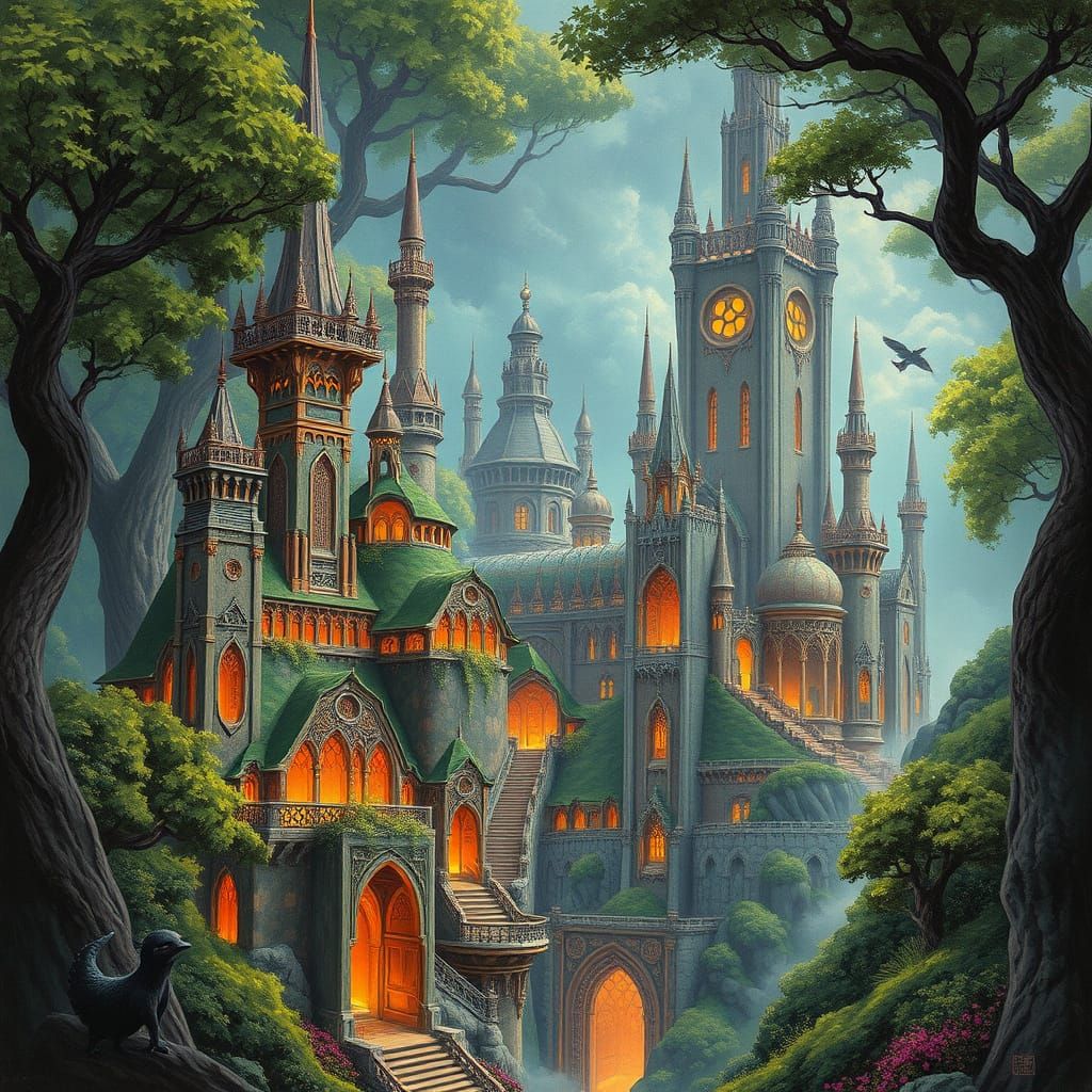 Elven City Treetop Utopia in Fantasy Illustration Style