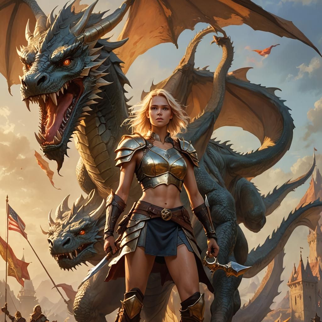Amazon Warrior on Dragon in Golden Light
