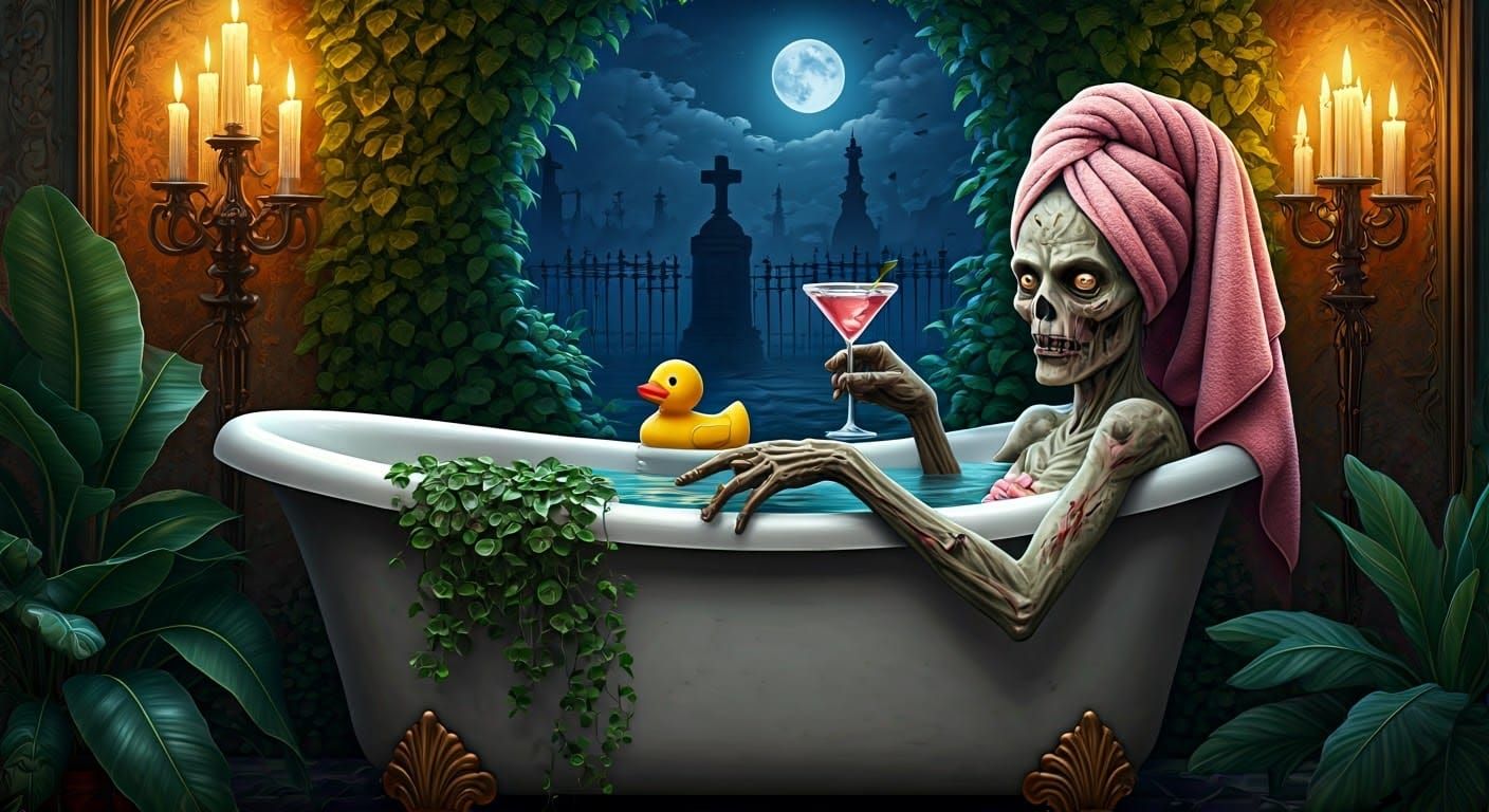 Zombie Lounging in Bathtub with Art Nouveau Accents