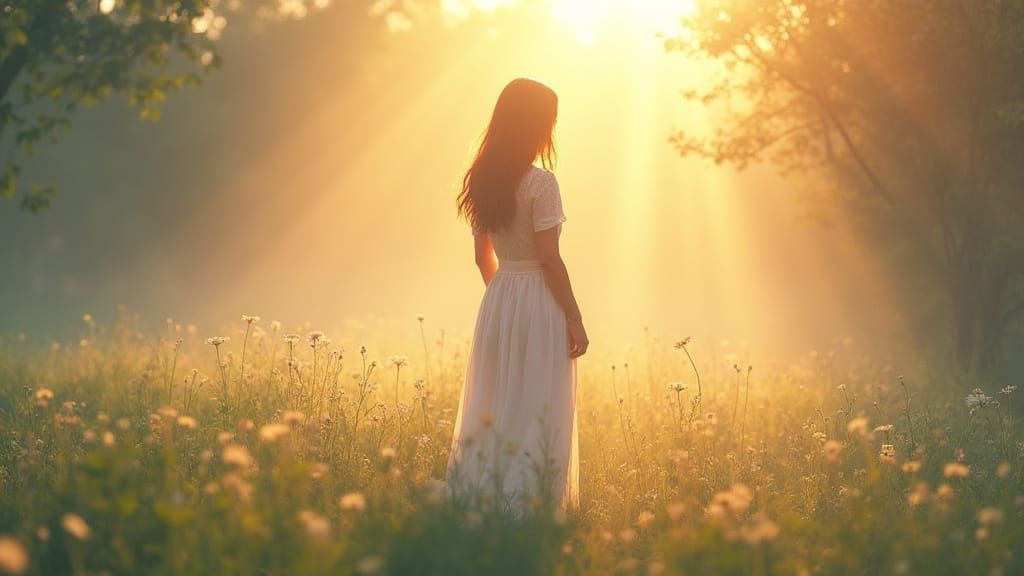 Peaceful Christian Woman in Sunrise Landscape
