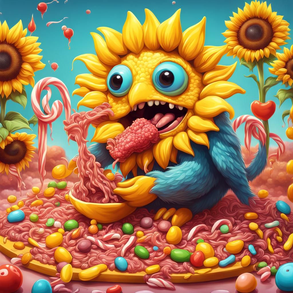 Sunflower monster baby eating bird meat
