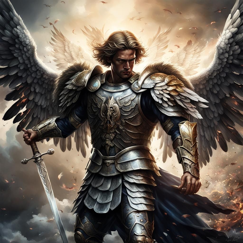 Archangel Michael Portrait in Dark Watercolor Art