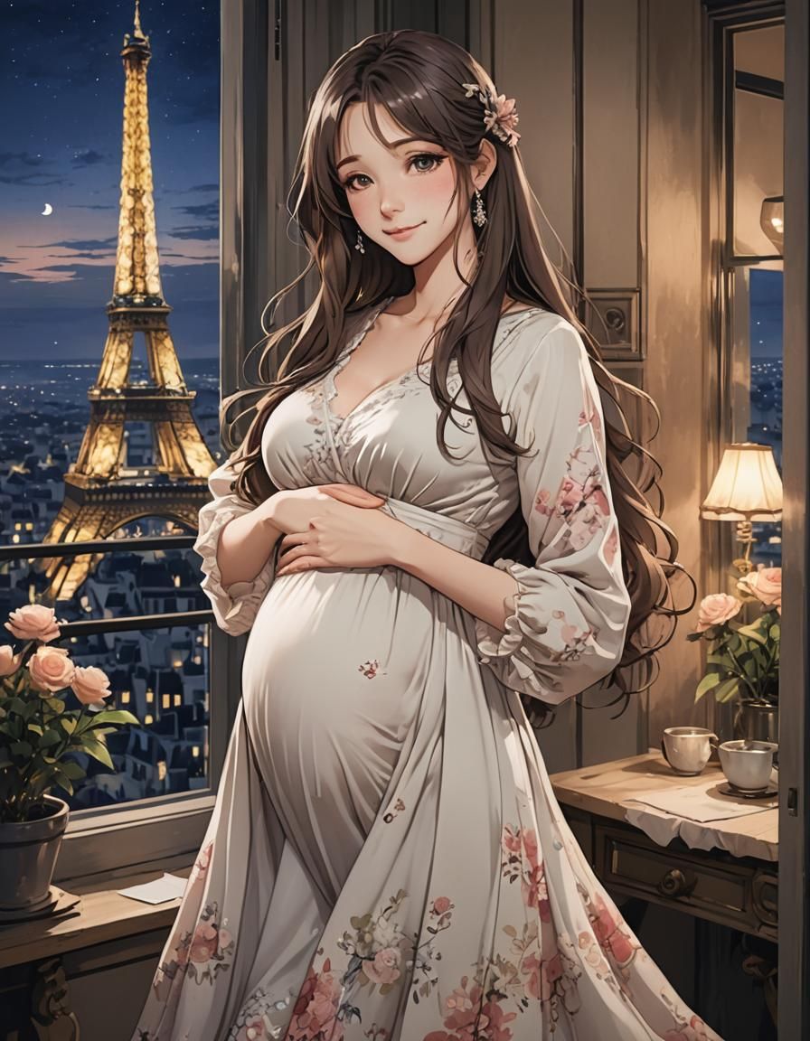 A beautiful young Pregnant French woman with long hair in a ...