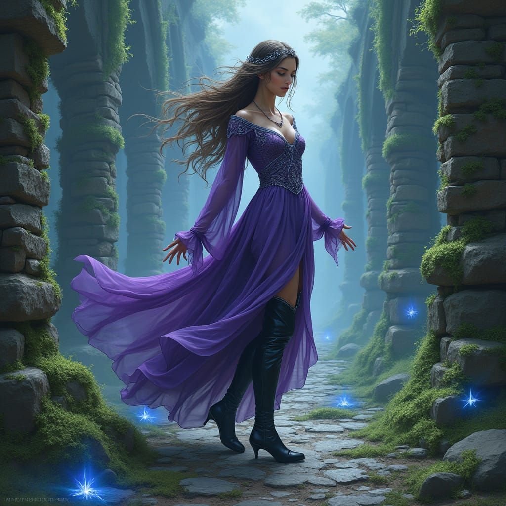 Ethereal Mage Explores Ancient Ruins in Fantasy Art