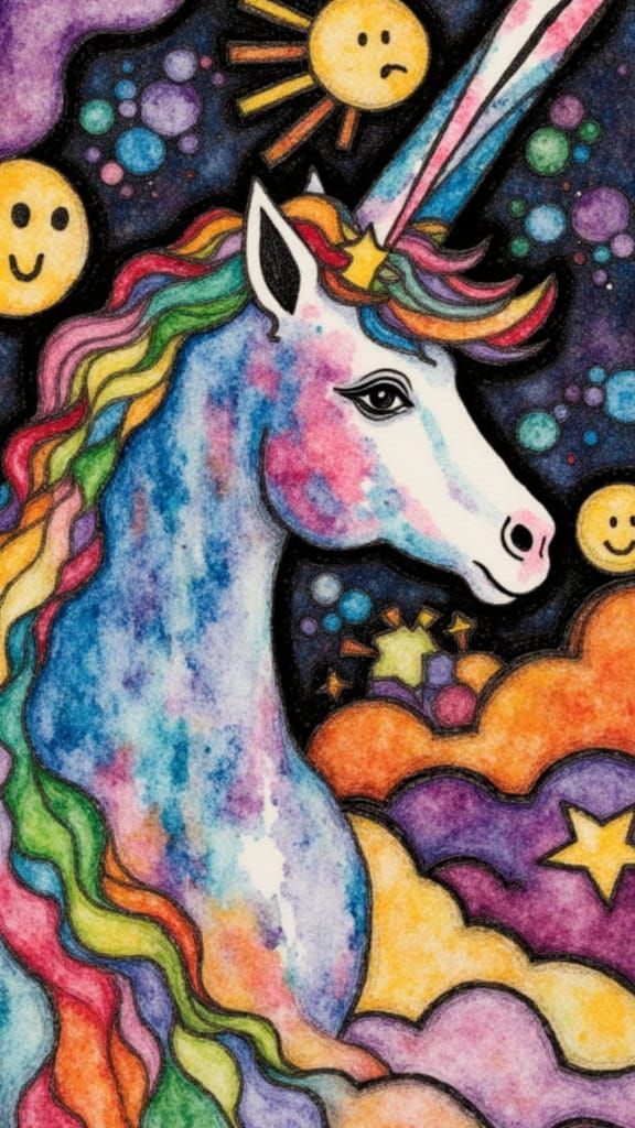 Naive Unicorn in Vibrant Abstract World