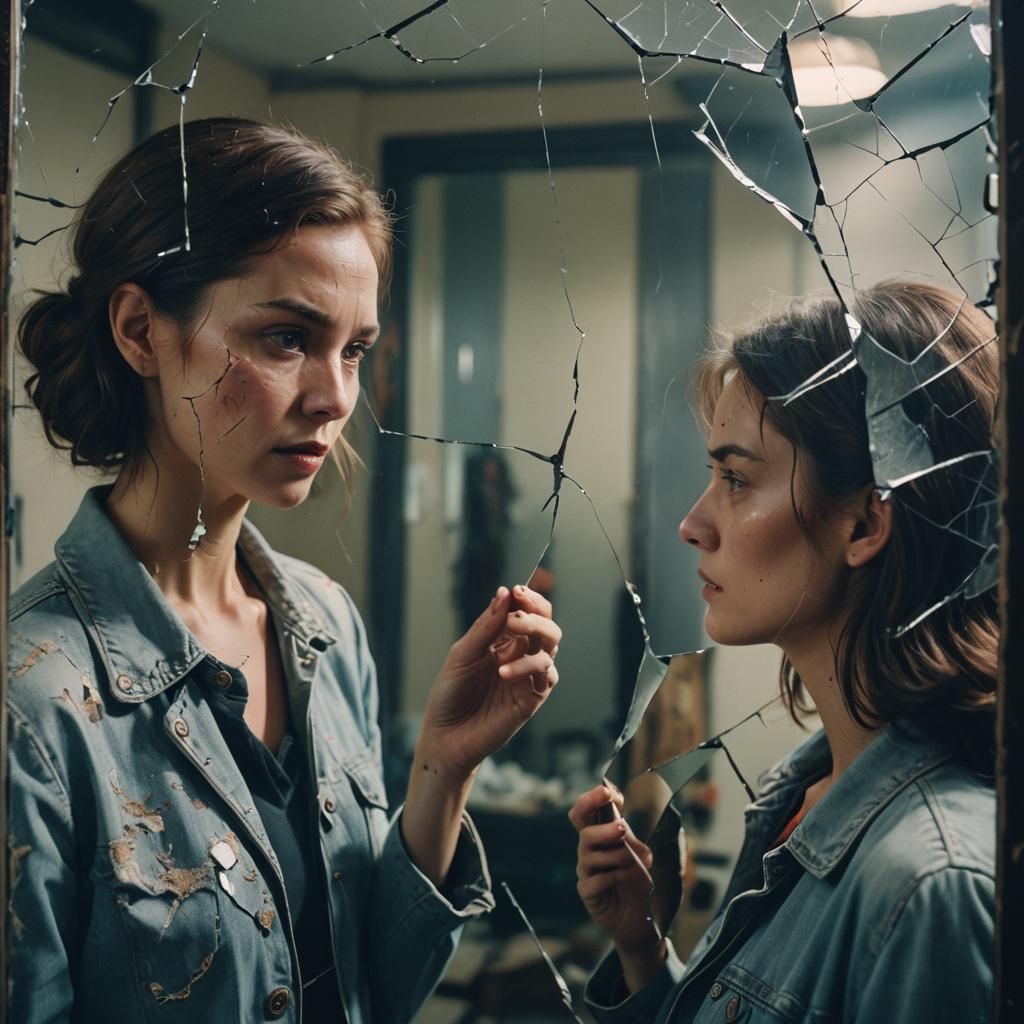 Woman's Reflection in Cracked Mirror: Cinematic Still