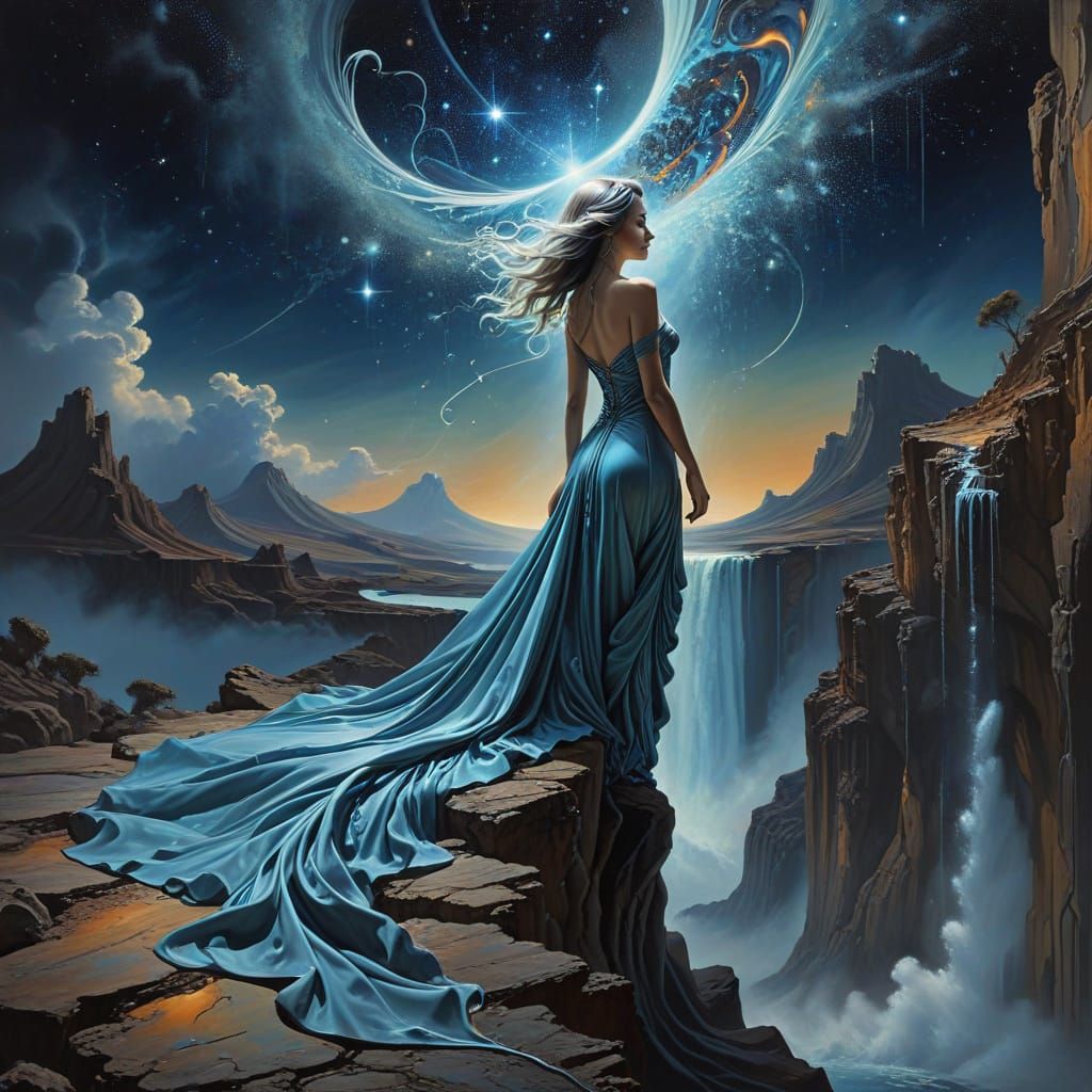 Ethereal Woman on Precipice Gazing into Cosmic Vortex