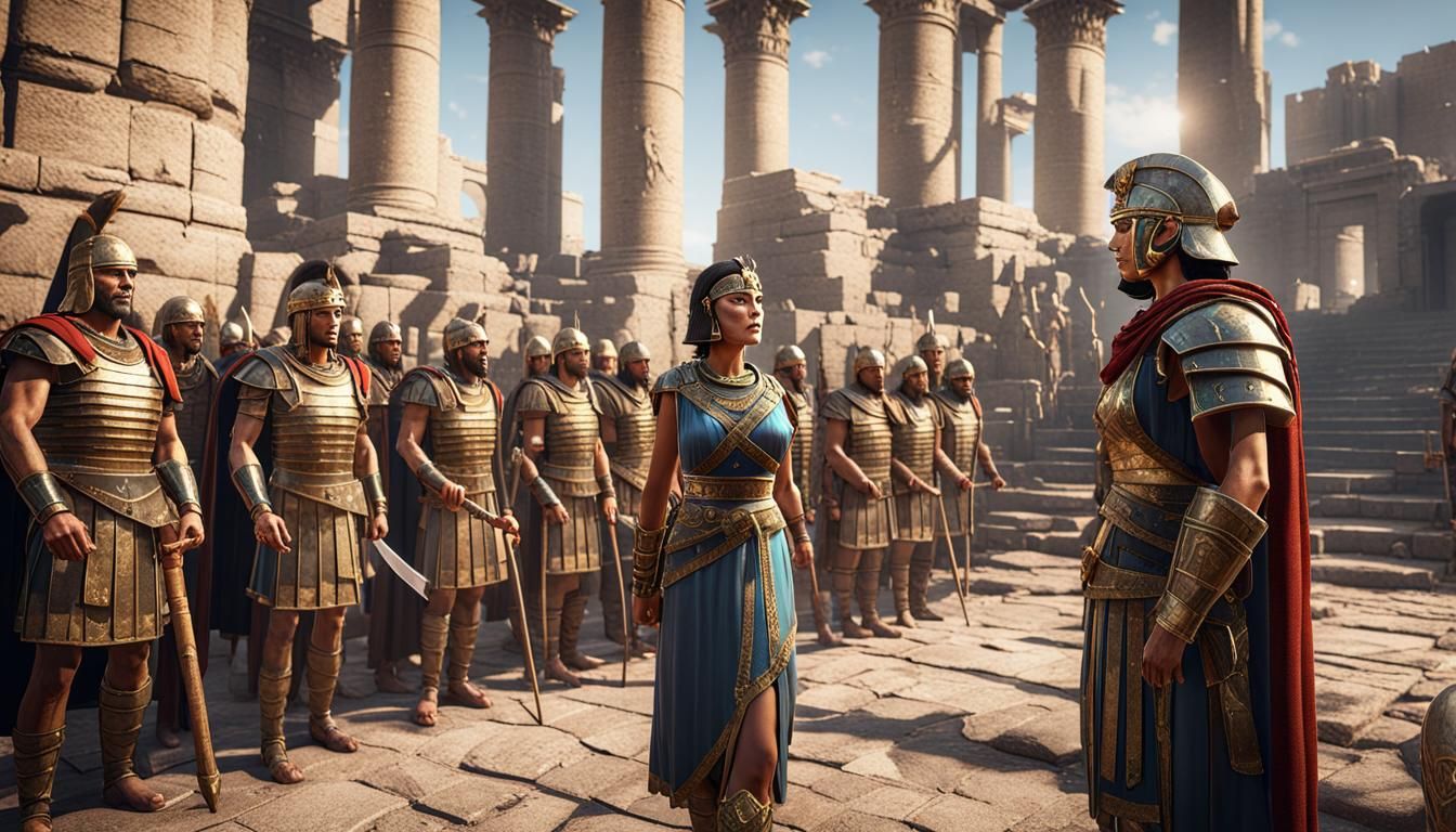 Cleopatra Speaks with Roman Soldiers: 3D Game Cinematic
