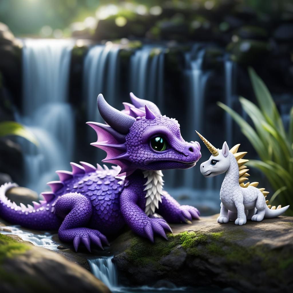 Baby Dragon and Unicorn at Waterfall