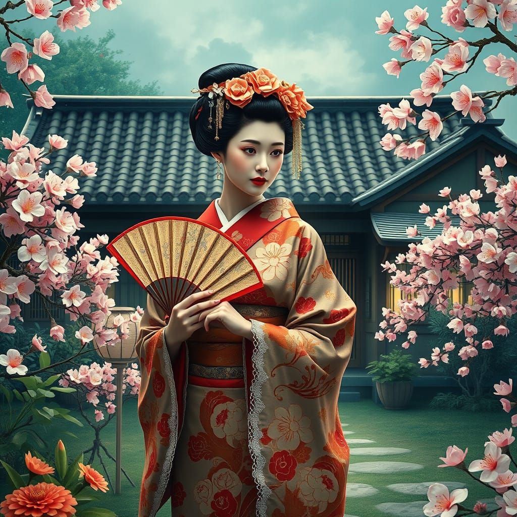 Ethereal Geisha in Traditional Japanese Garden