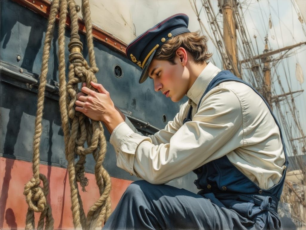 Young Sailor Polishing Brass on Steamship in Watercolor