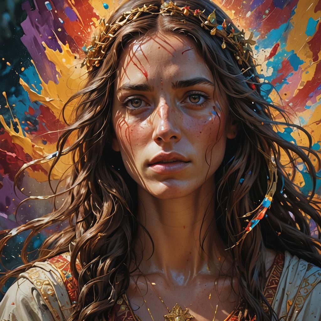 Mary Magdalene Portrait in Hyperrealistic Splash Art