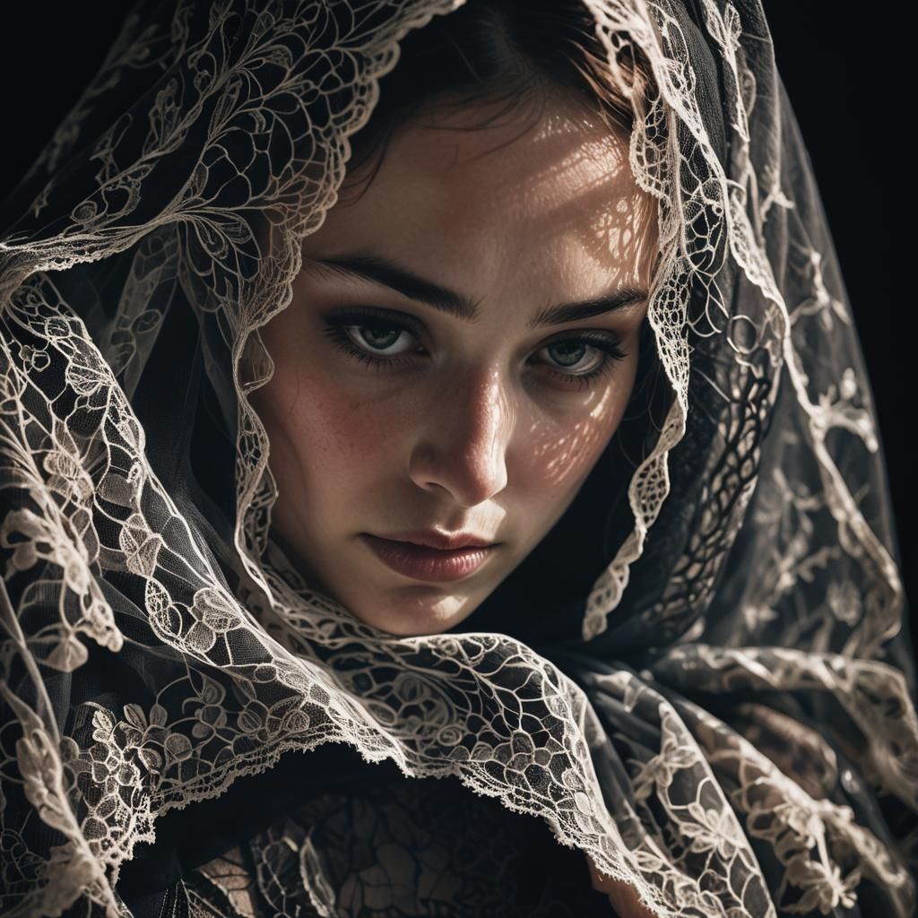 Woman in Lacy Veil: Moody, High-Contrast Portrait