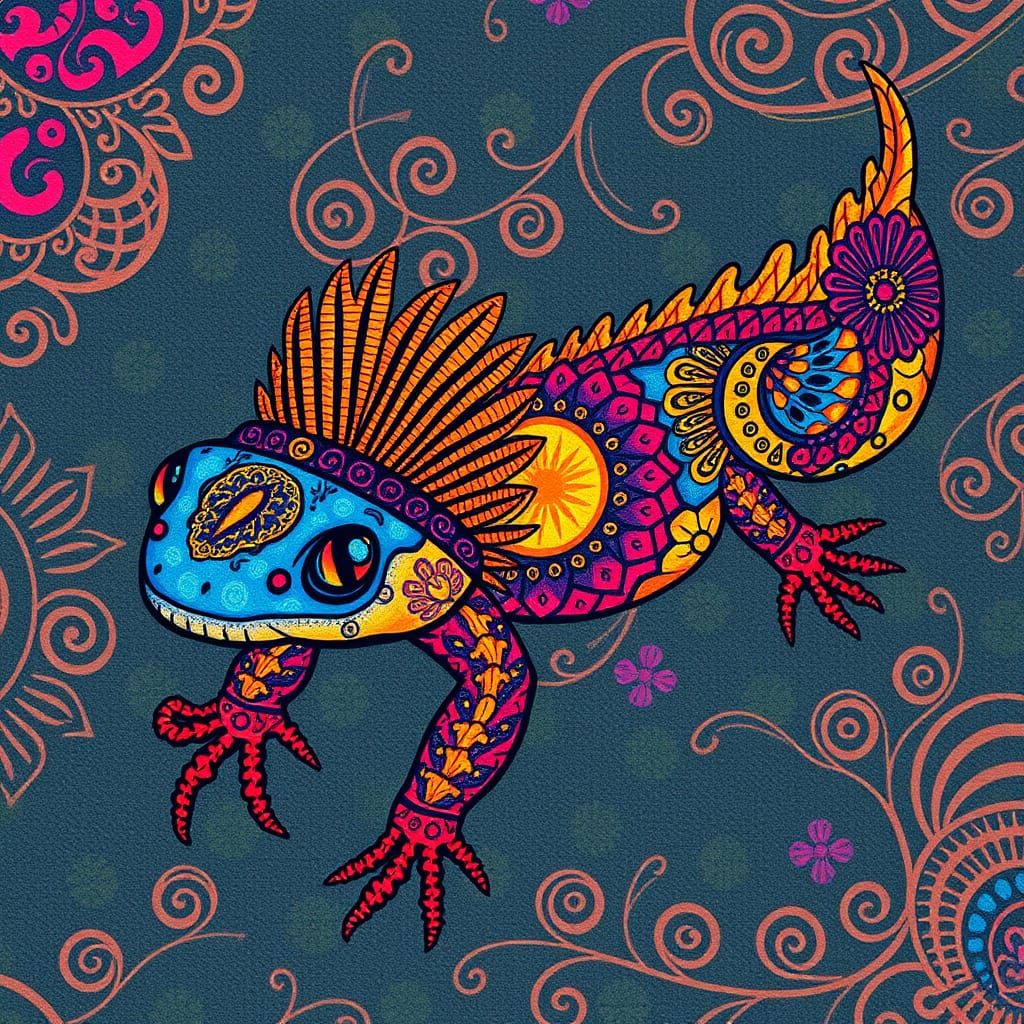 Axolotl in Vibrant Batik Art
