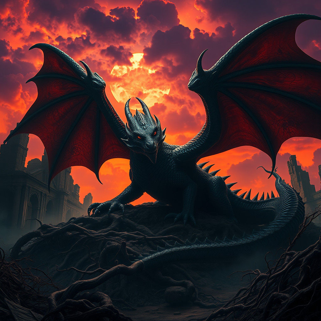 Colossal Dragon on Ancient Ruins in Matte Painting Style
