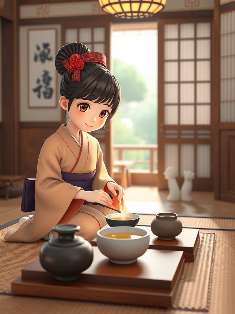 Traditional Japanese Tea Ceremony in 3D Cartoon Style