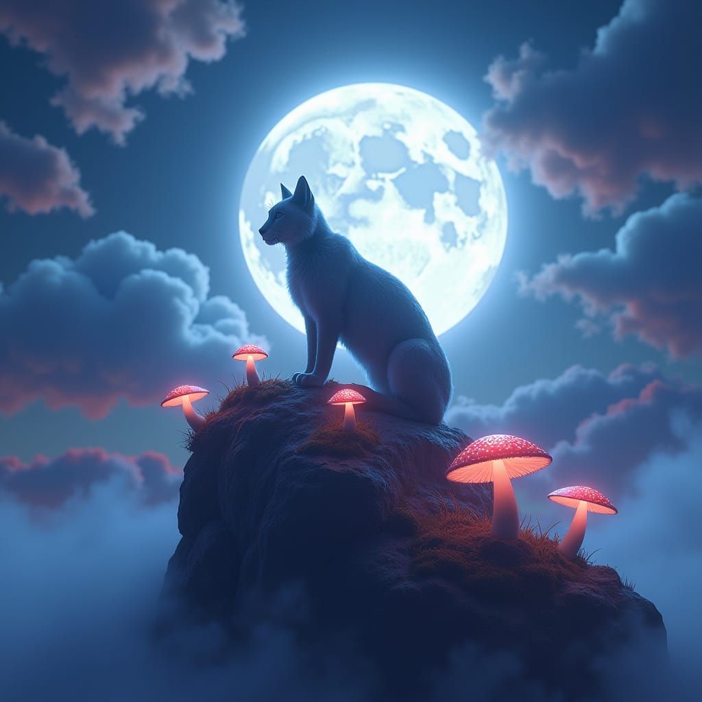 Moonlit Bobcat in Fantasy Landscape