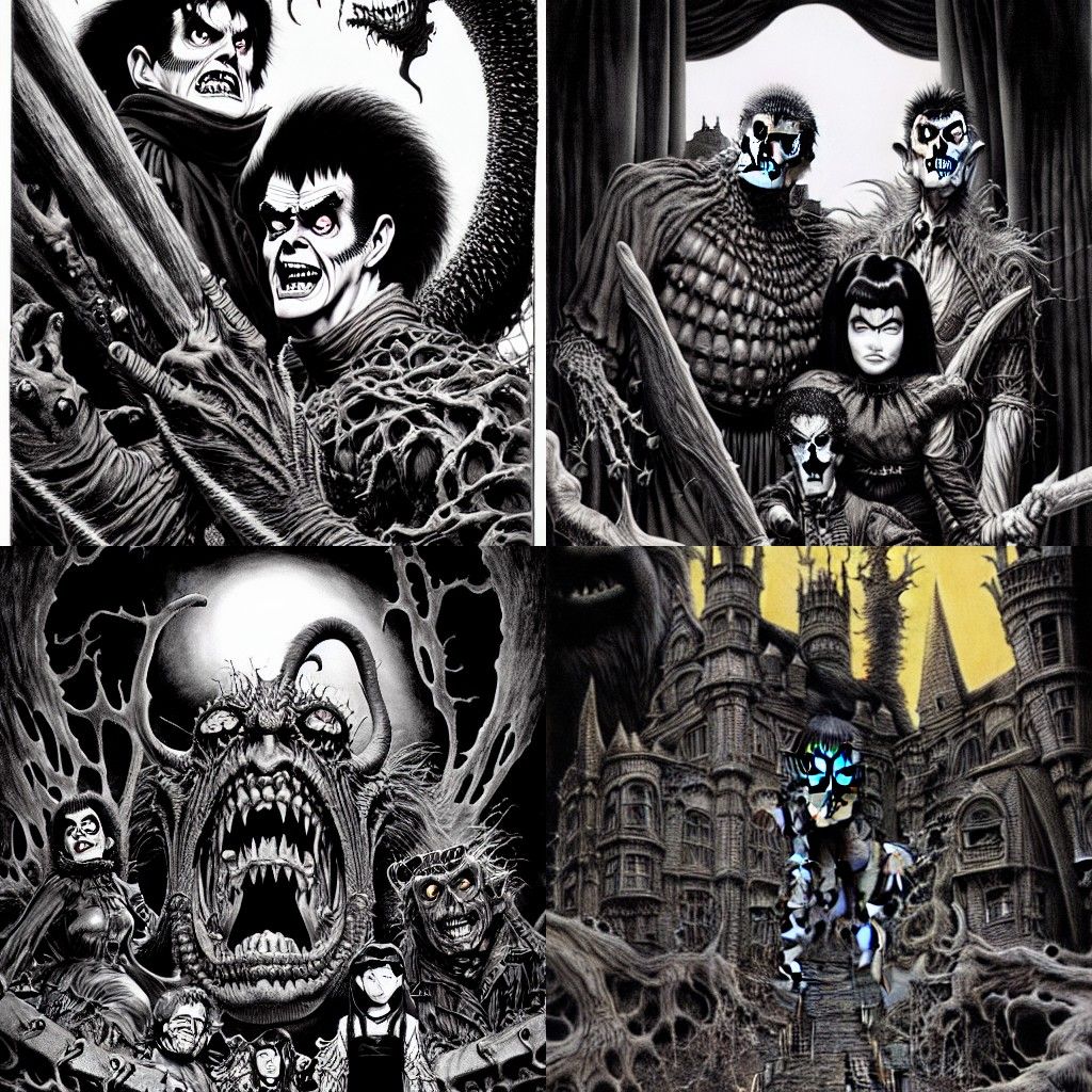 The Munsters by Bernie Wrightson, chainsaw666, Tatsuki Fujimoto, and Kentaro Miura, Hyperdetailed, 8K resolution, polish...
