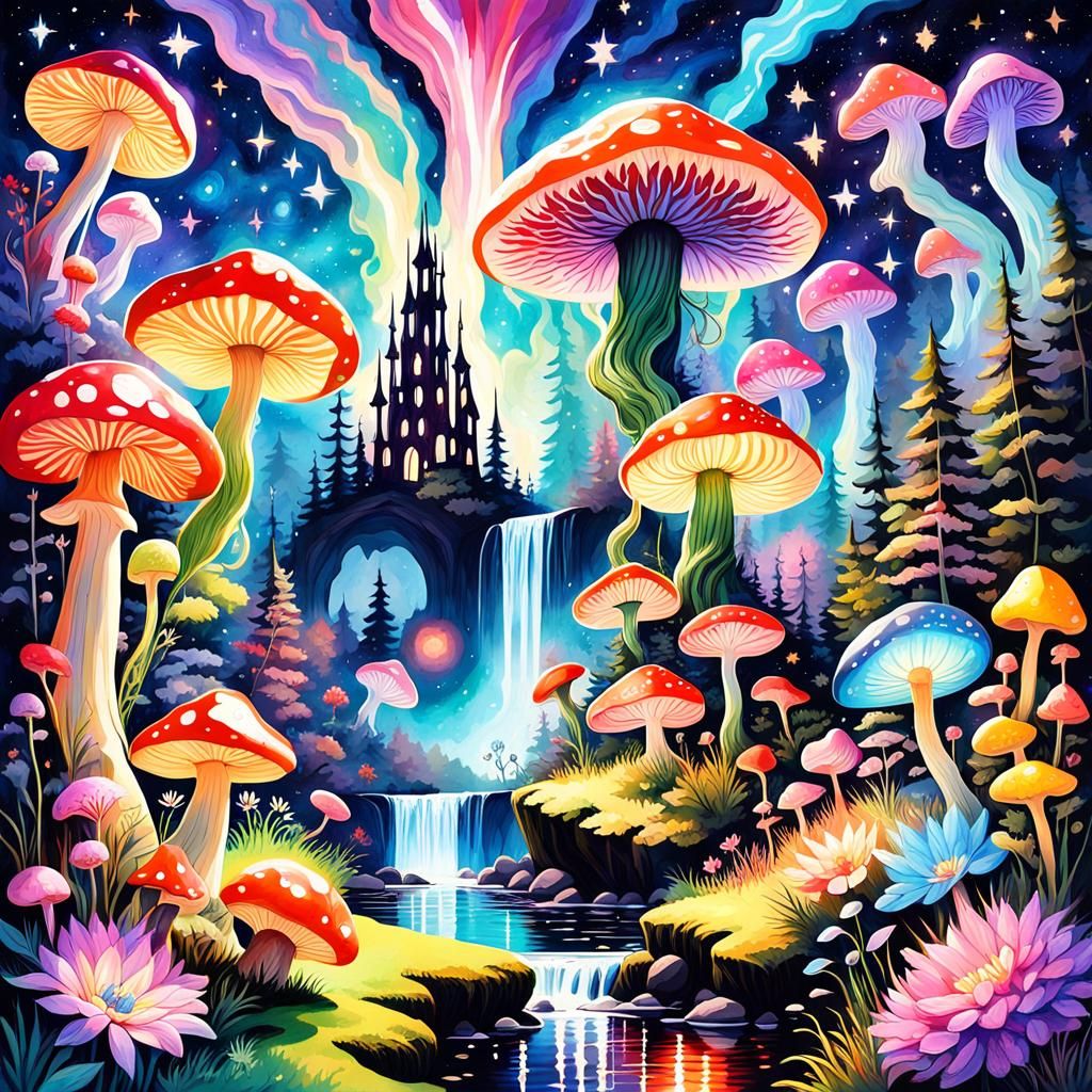 High Gothic Cosmic Garden in Gouache Style
