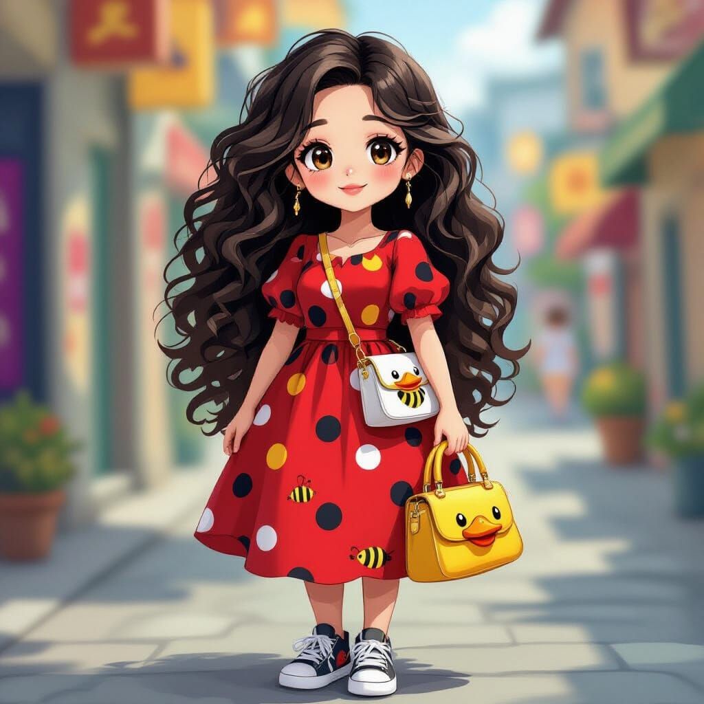 Anime Woman in Polka Dot Dress with Bee Print