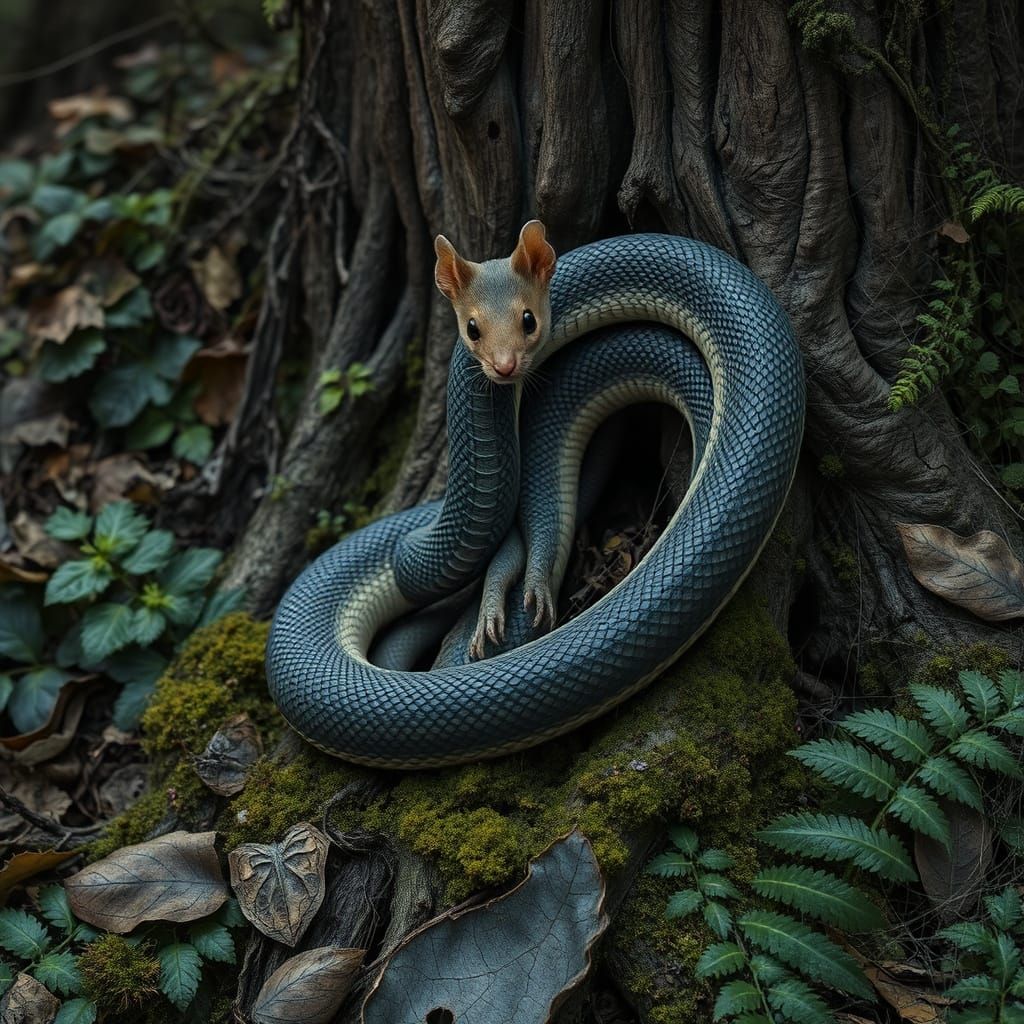 Surreal Serpent Emerges from Ancient Roots in Dark Realism